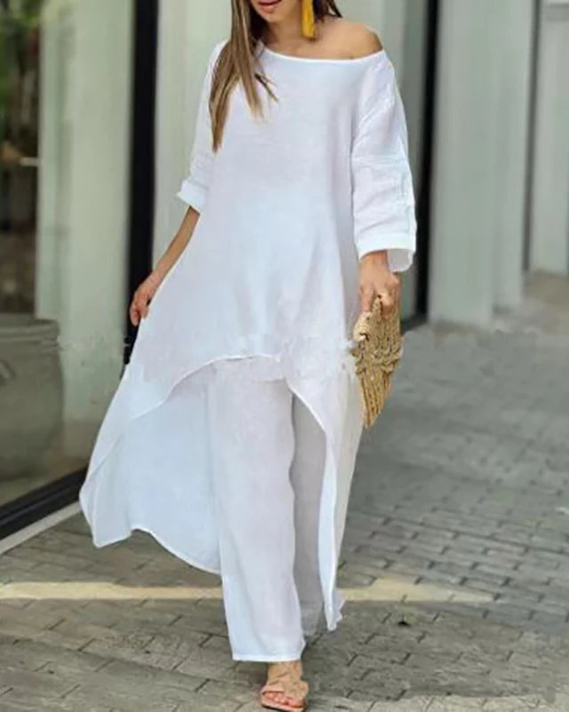 Conjunto Feminino Linho Blusa Longa e Calça Solta Geovana