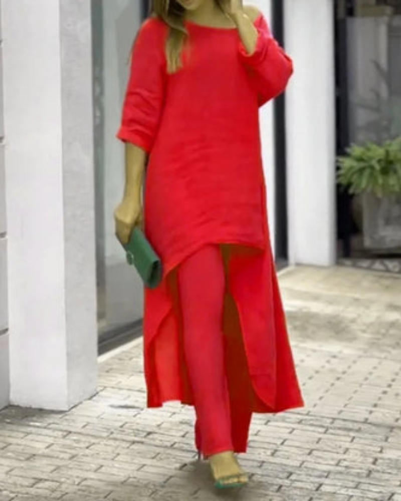 Conjunto Feminino Linho Blusa Longa e Calça Solta Geovana