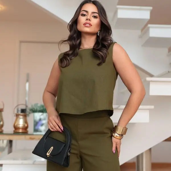 Conjunto Feminino Blusa e Calça Pantalona Em Linho