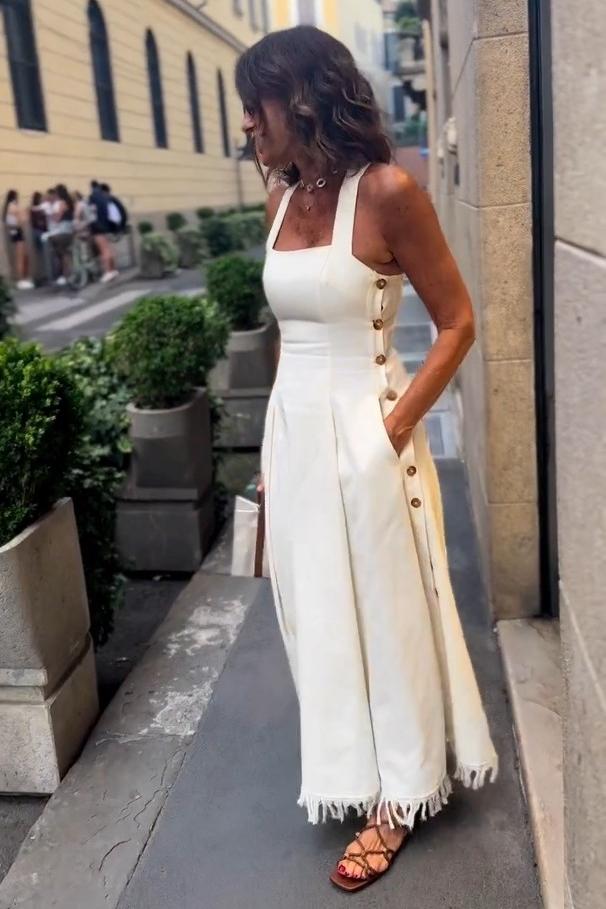 Vestido Maxi Boho Branco com Franjas e Bolsos