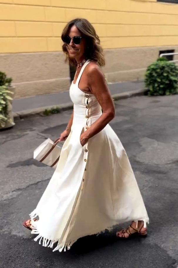Vestido Maxi Boho Branco com Franjas e Bolsos