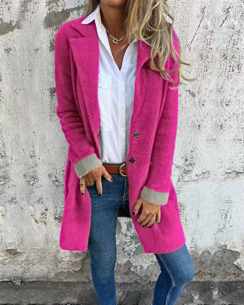 Casaco Feminino de Lã Bouclê com Lapela e Botões Talita