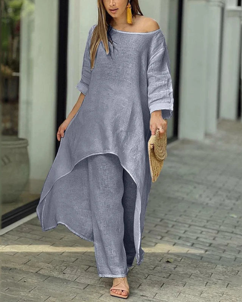 Conjunto Feminino Linho Blusa Longa e Calça Solta Geovana