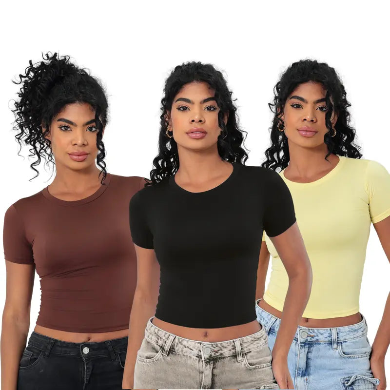 KIT 03 Baby Tee Feminina - Blusa Slim Fit Manga Curta - Blusa de Compressao Baby Tee