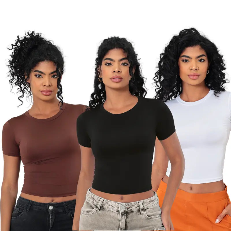 KIT 03 Baby Tee Feminina - Blusa Slim Fit Manga Curta - Blusa de Compressao Baby Tee