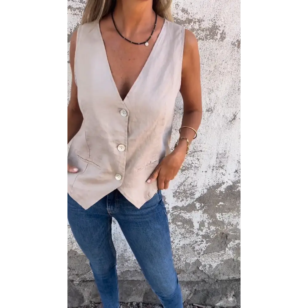 Colete de algodão e linho com decote em V