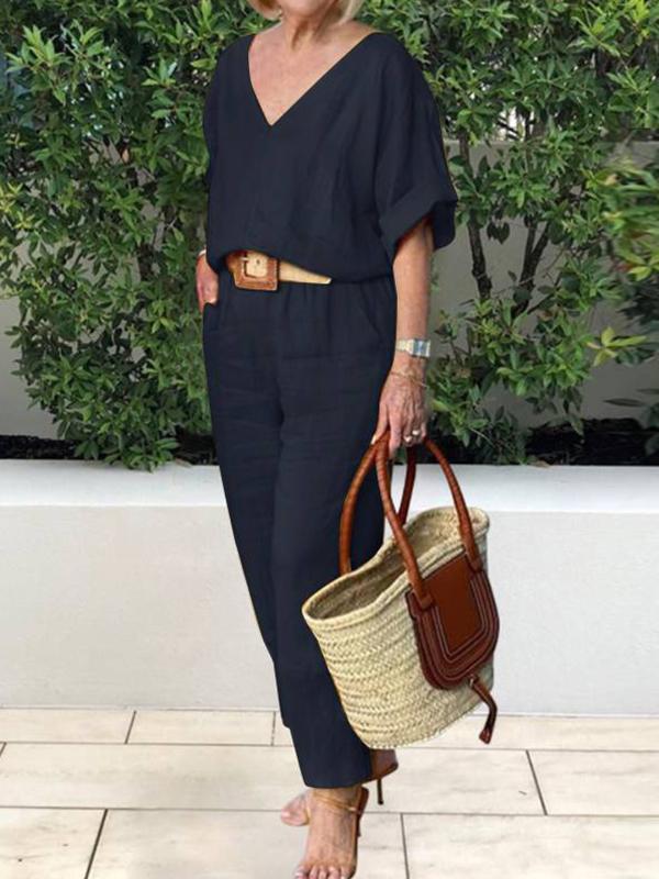 Conjunto Feminino Casual de Algodão e Linho Siena – Blusa Decote em V e Calça