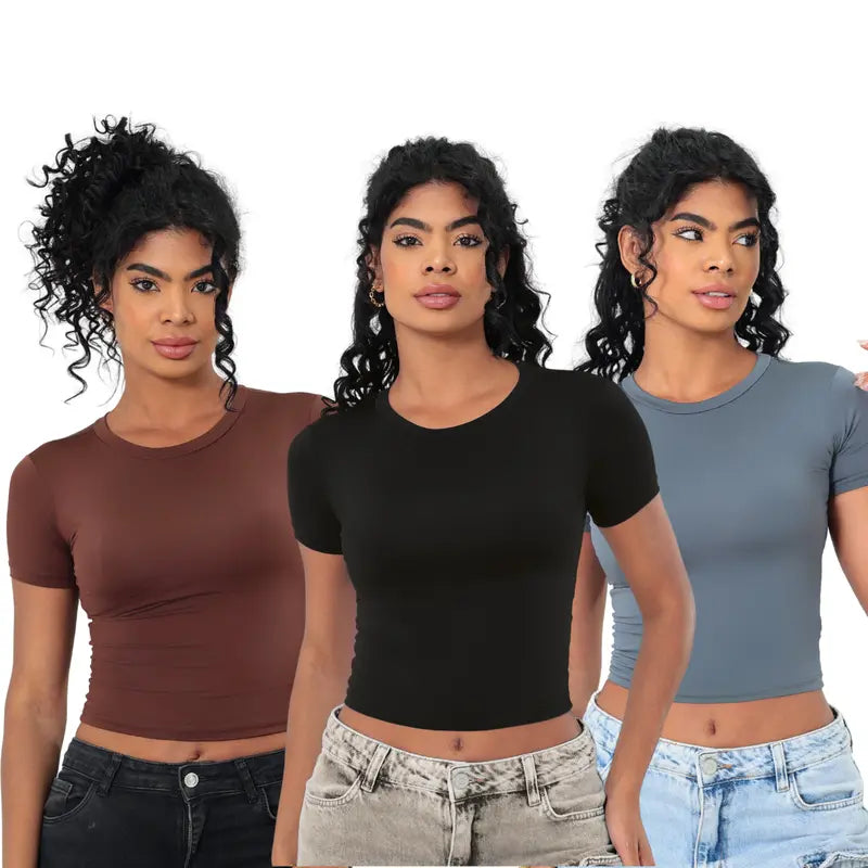 KIT 03 Baby Tee Feminina - Blusa Slim Fit Manga Curta - Blusa de Compressao Baby Tee