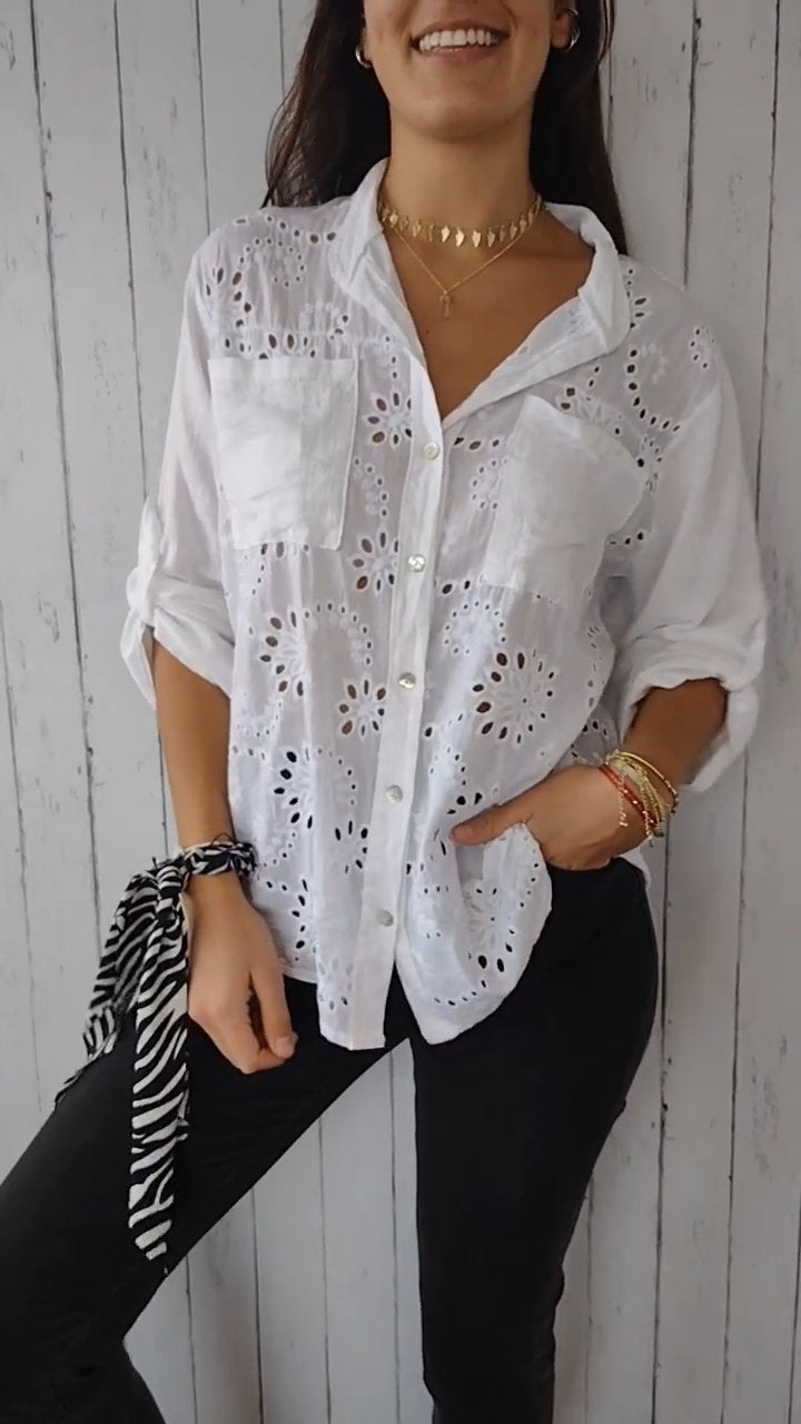 Camisa vazada de algodão e linho em cor sólida