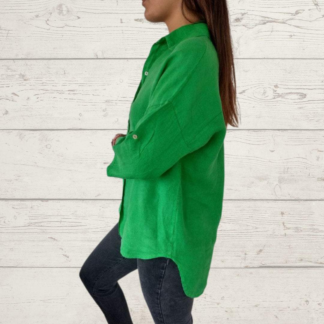 Camisa Feminina de Algodão e Linho com Botões de Cor Sólida