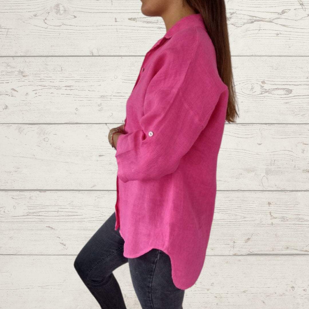 Camisa Feminina de Algodão e Linho com Botões de Cor Sólida