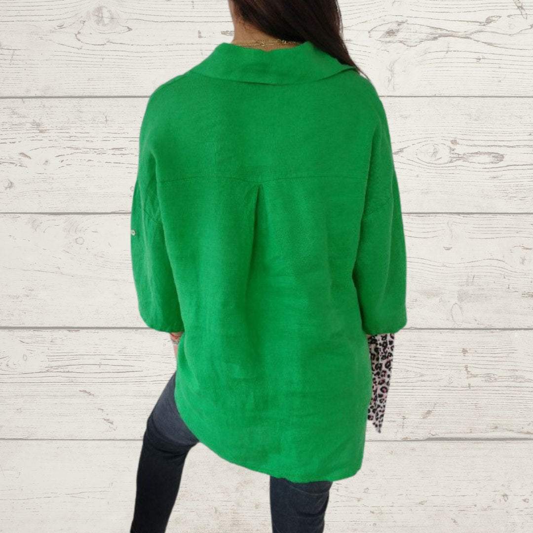 Camisa Feminina de Algodão e Linho com Botões de Cor Sólida