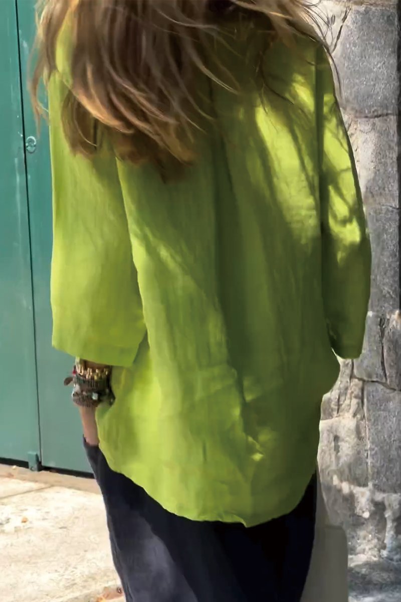 Camiseta de Manga Longa de Algodão e Linho de Cor Sólida