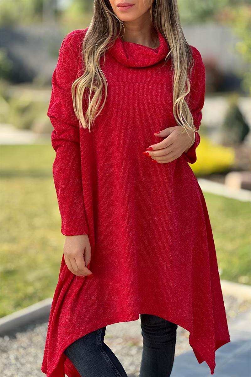 Camiseta feminina casual de gola alta e mangas longas com barra irregular