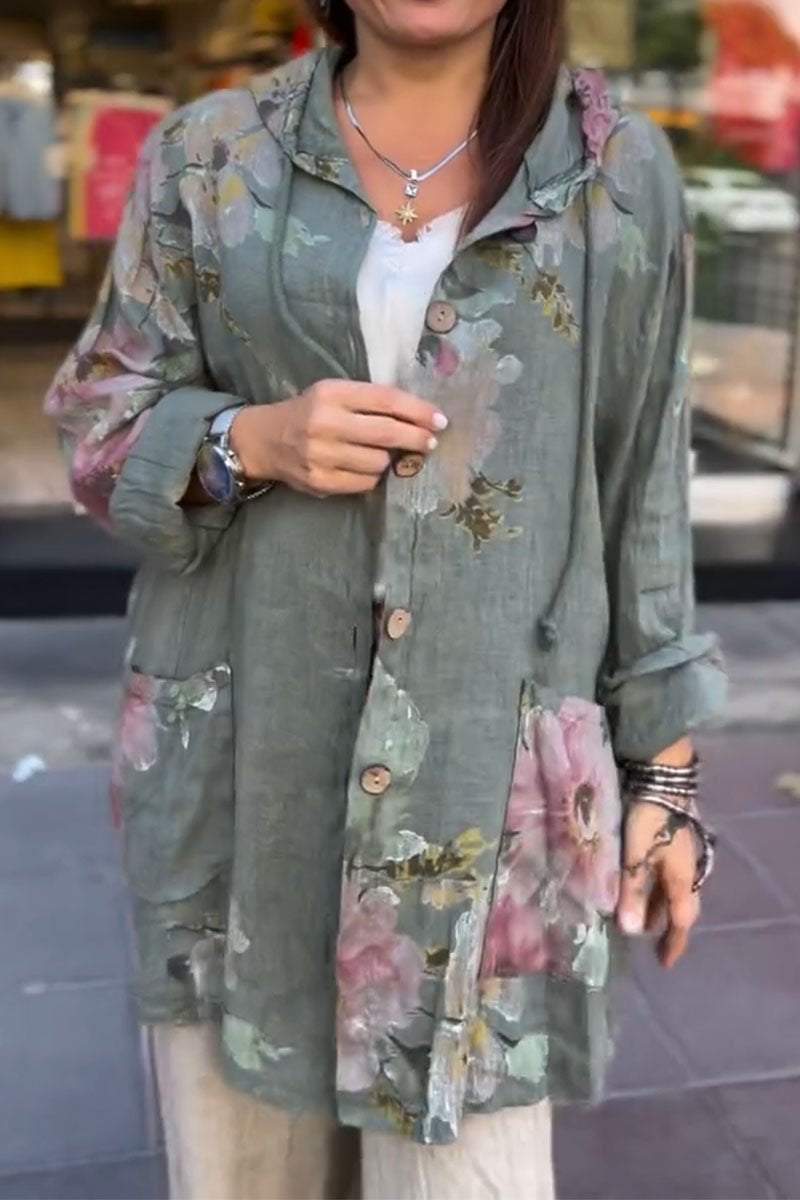 Camisa feminina casual de algodão e linho com estampa floral