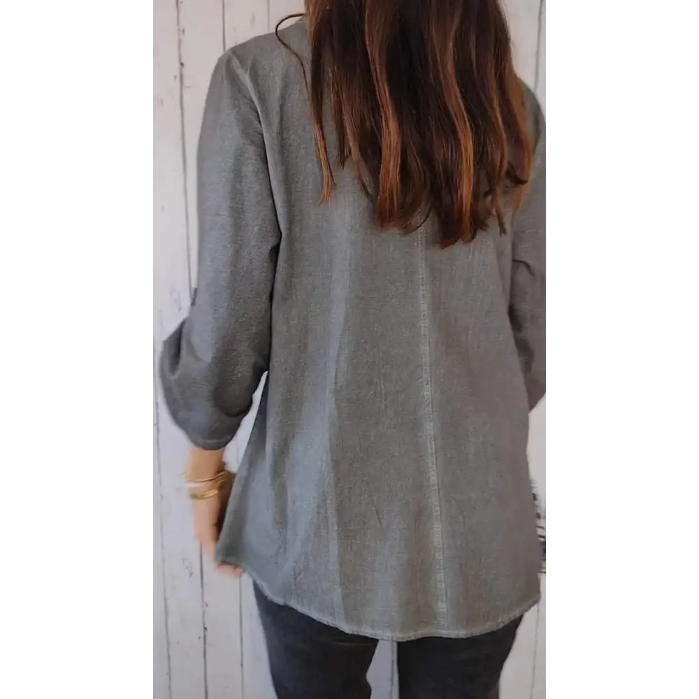 Camisa Casual de Algodão e Linho com Gola Redonda e Mangas 3/4