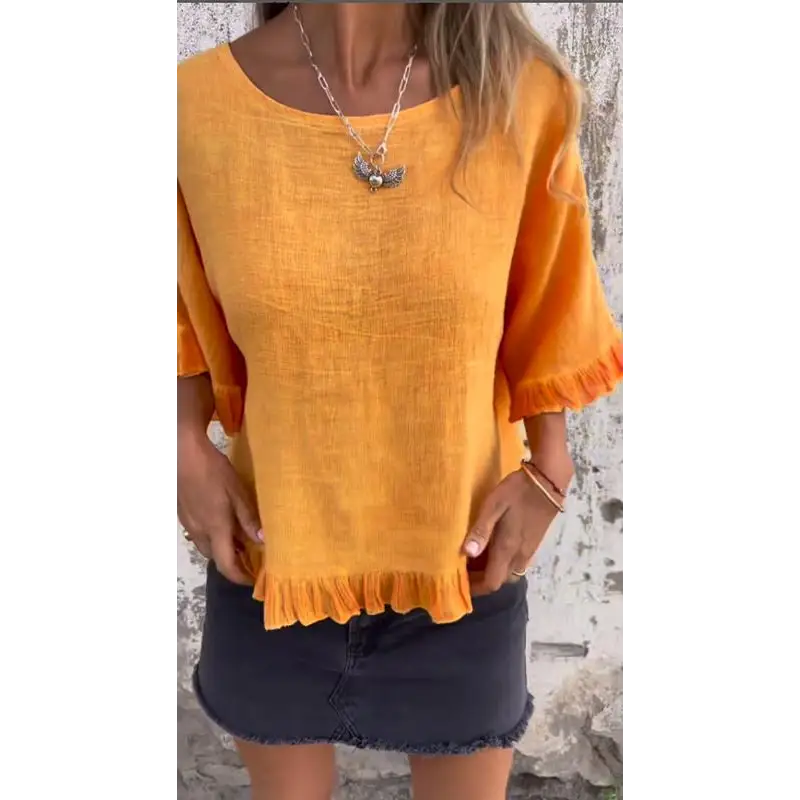 Top de Algodão e Linho com Barra Franzida