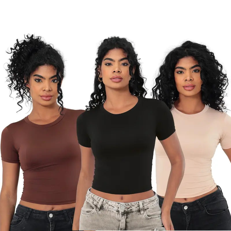 KIT 03 Baby Tee Feminina - Blusa Slim Fit Manga Curta - Blusa de Compressao Baby Tee