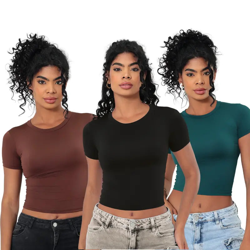 KIT 03 Baby Tee Feminina - Blusa Slim Fit Manga Curta - Blusa de Compressao Baby Tee