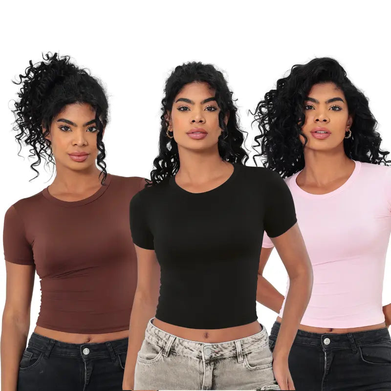 KIT 03 Baby Tee Feminina - Blusa Slim Fit Manga Curta - Blusa de Compressao Baby Tee