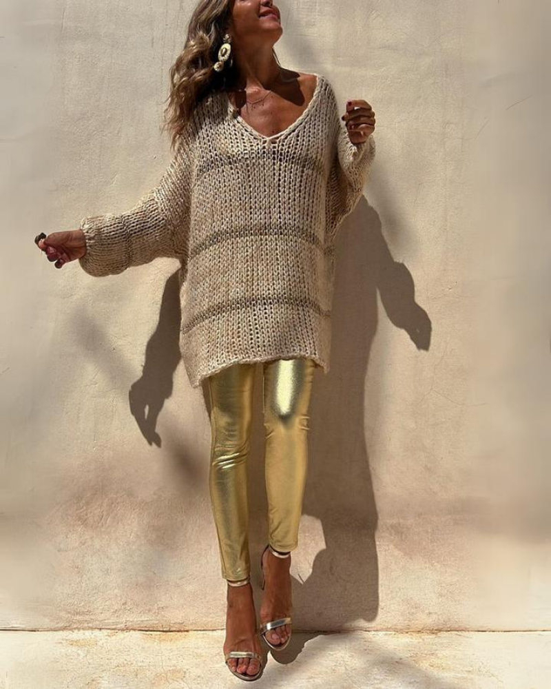 Suéter Feminino de Tricô – Oversized com Trama Aberta e Decote V Wendy