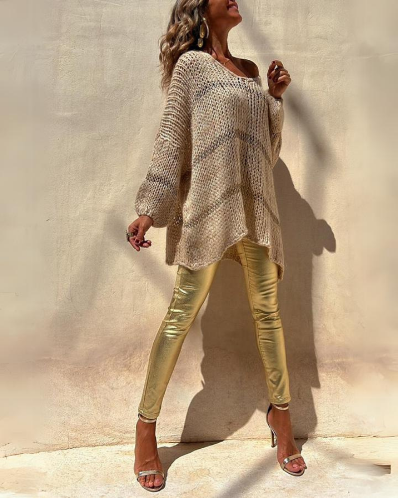 Suéter Feminino de Tricô – Oversized com Trama Aberta e Decote V Wendy