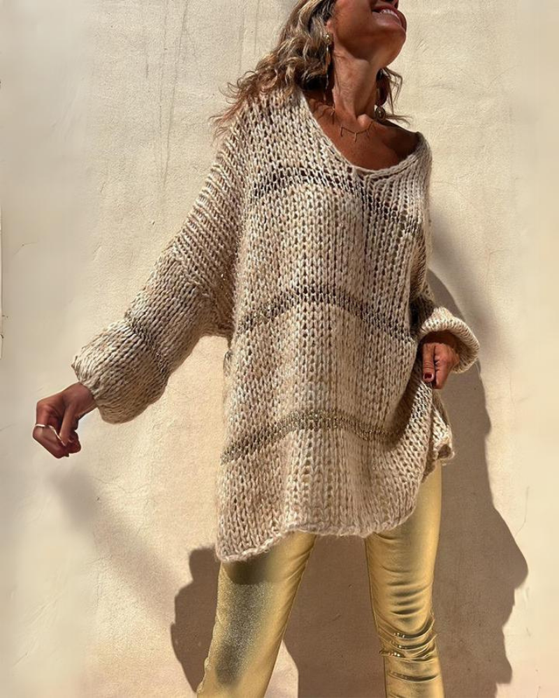 Suéter Feminino de Tricô – Oversized com Trama Aberta e Decote V Wendy