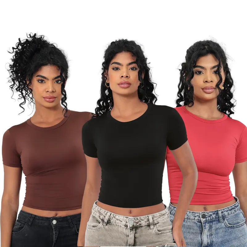 KIT 03 Baby Tee Feminina - Blusa Slim Fit Manga Curta - Blusa de Compressao Baby Tee