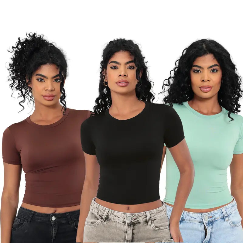 KIT 03 Baby Tee Feminina - Blusa Slim Fit Manga Curta - Blusa de Compressao Baby Tee