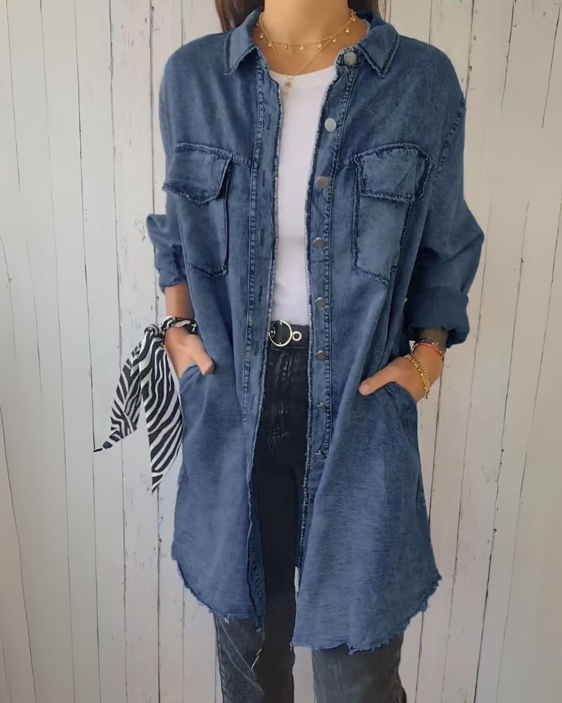 Camisa Jeans Oversized Feminina com Bolsos Frontais Elisa