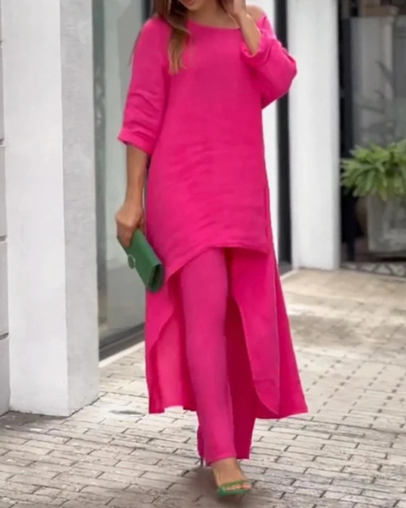 Conjunto Feminino Linho Blusa Longa e Calça Solta Geovana