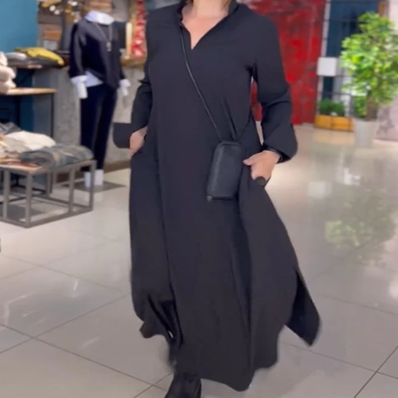 Vestido Longo Estilo Solto com Lapela e Fenda Lateral