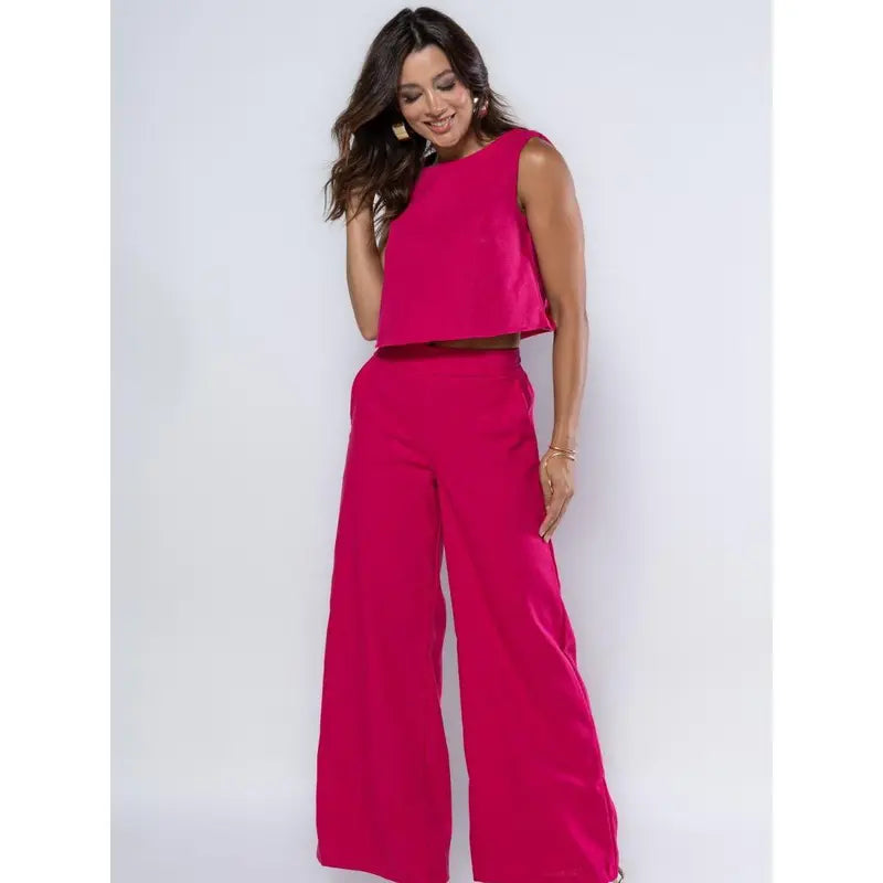 Conjunto Feminino Blusa e Calça Pantalona Em Linho