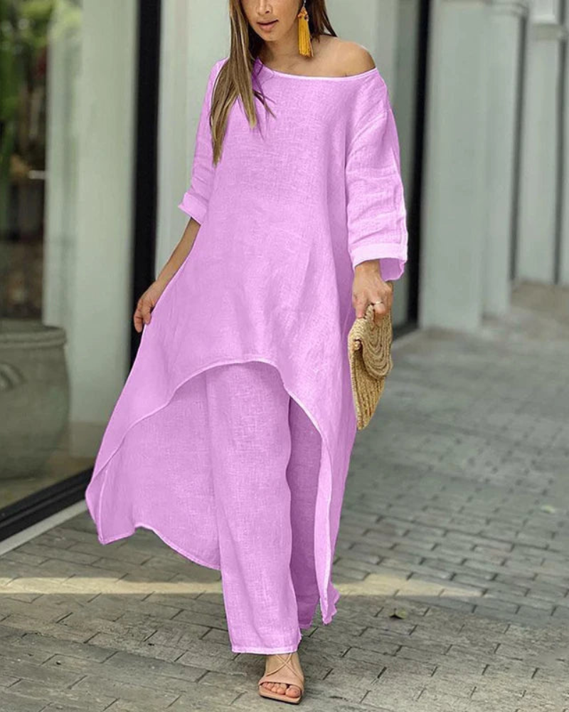 Conjunto Feminino Linho Blusa Longa e Calça Solta Geovana