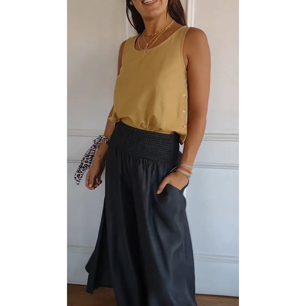 Regata de Algodão e Linho com Botões Laterais