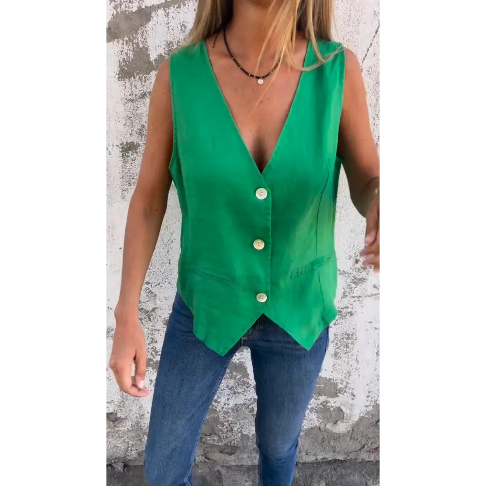 Colete de algodão e linho com decote em V