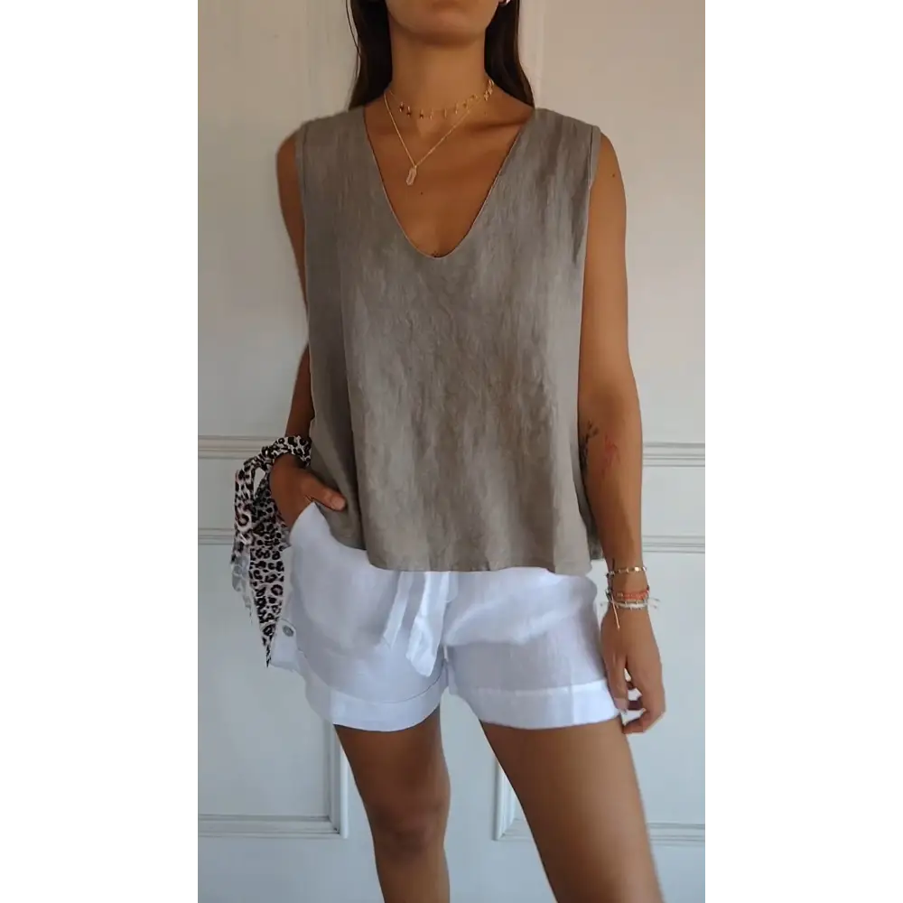 Colete de cor sólida de algodão e linho com decote em V