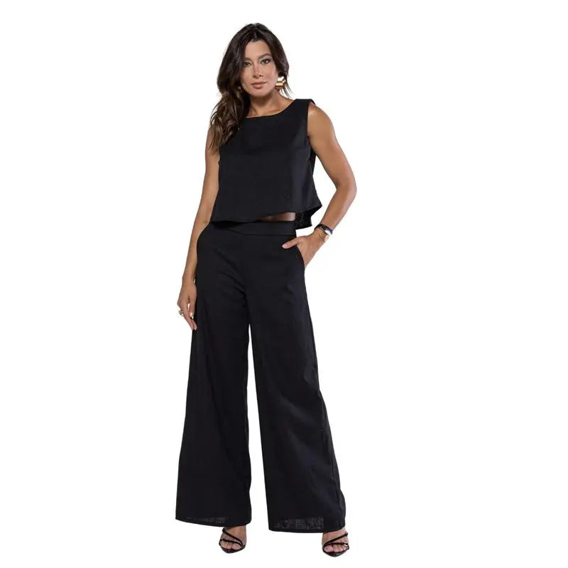 Conjunto Feminino Blusa e Calça Pantalona Em Linho