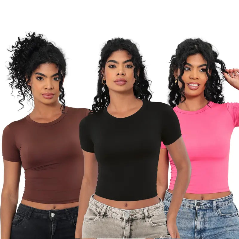 KIT 03 Baby Tee Feminina - Blusa Slim Fit Manga Curta - Blusa de Compressao Baby Tee