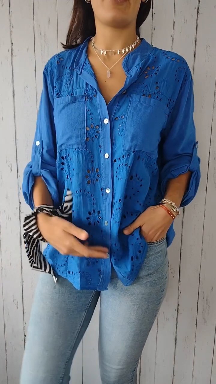 Camisa vazada de algodão e linho em cor sólida