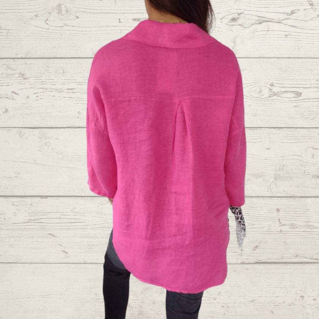 Camisa Feminina de Algodão e Linho com Botões de Cor Sólida