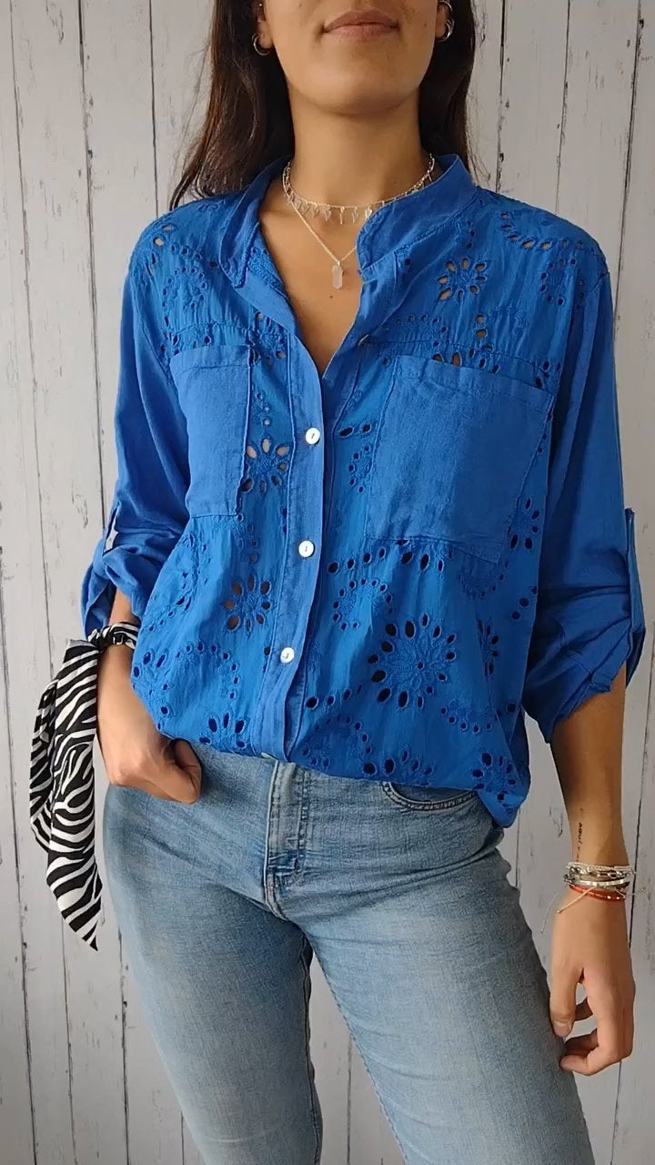 Camisa vazada de algodão e linho em cor sólida