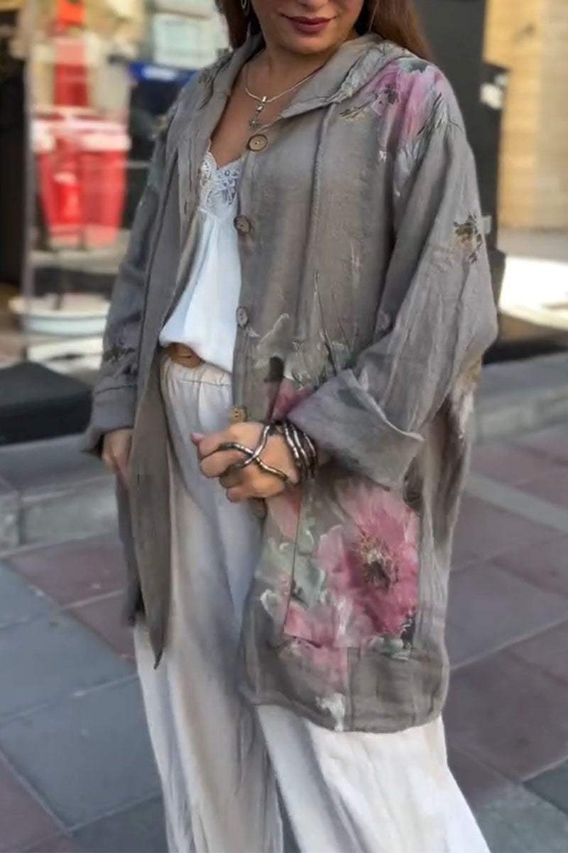 Camisa feminina casual de algodão e linho com estampa floral