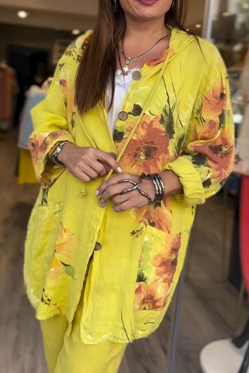 Camisa feminina casual de algodão e linho com estampa floral