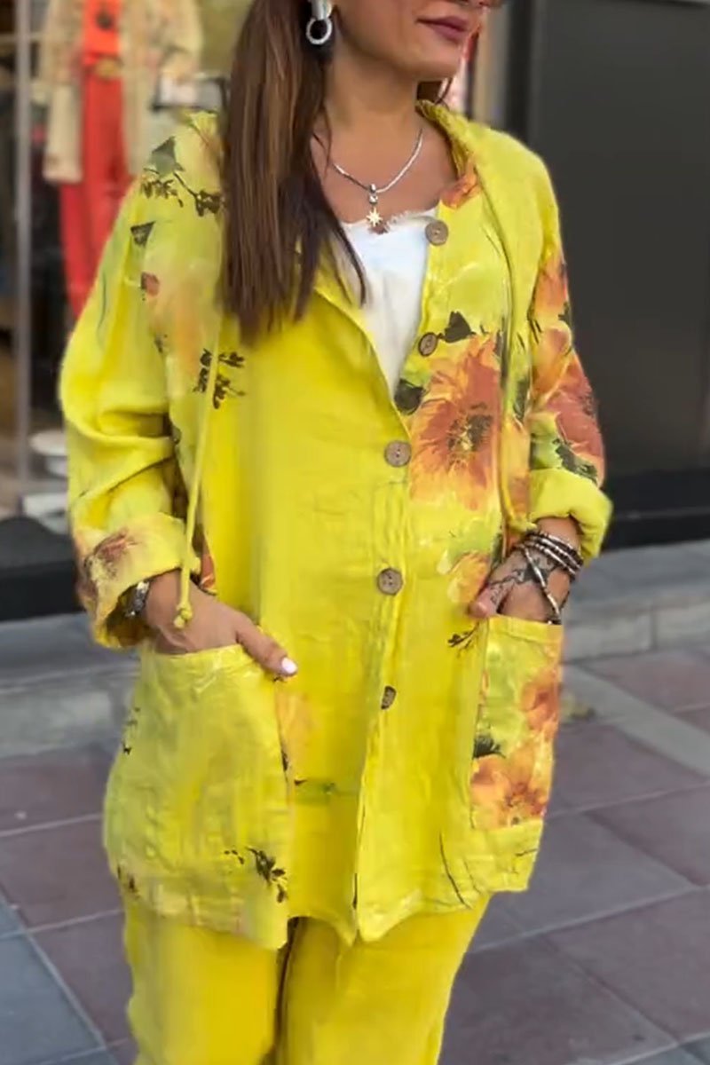 Camisa feminina casual de algodão e linho com estampa floral