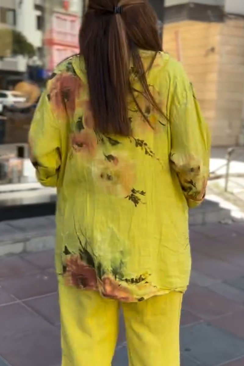 Camisa feminina casual de algodão e linho com estampa floral