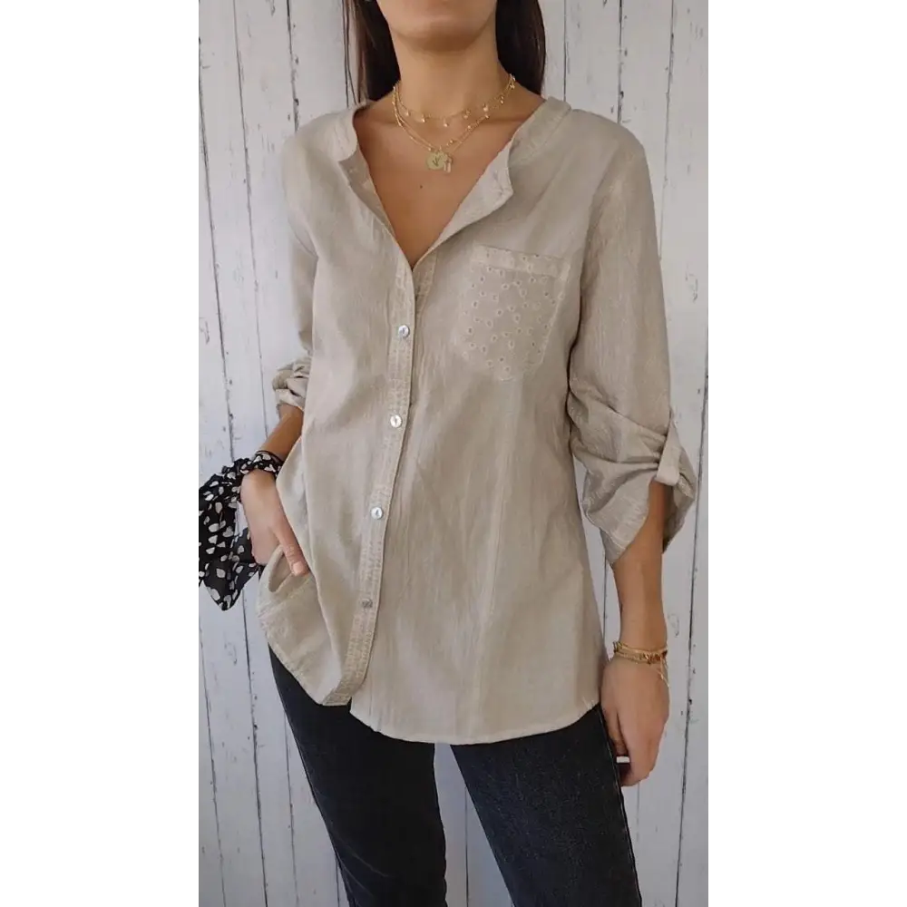 Top Casual de Algodão e Linho com Gola Redonda e Mangas 3/4