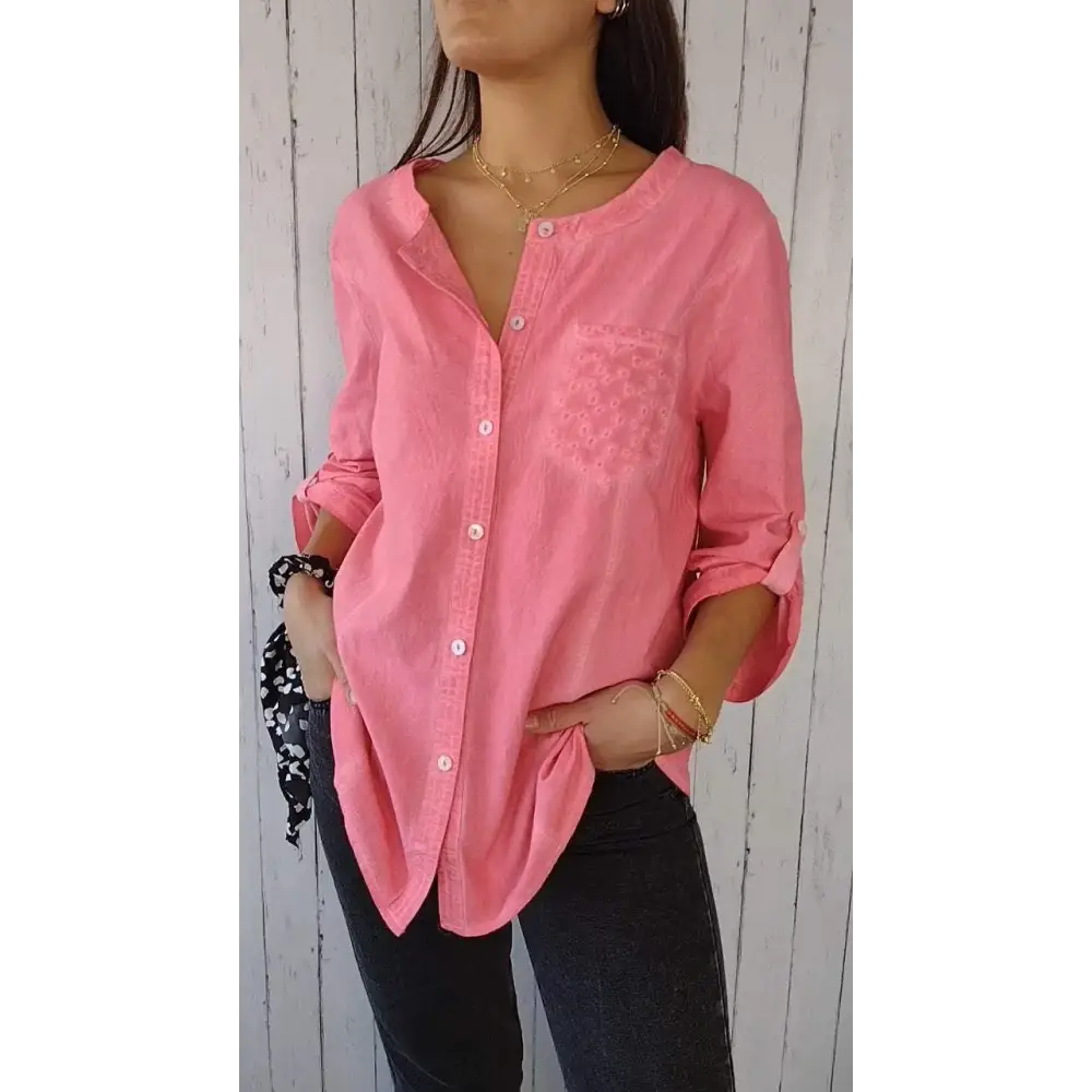 Camisa Casual de Algodão e Linho com Gola Redonda e Mangas 3/4