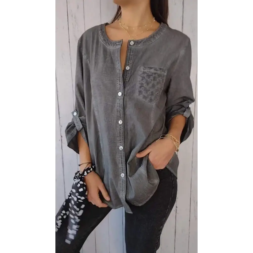 Top Casual de Algodão e Linho com Gola Redonda e Mangas 3/4