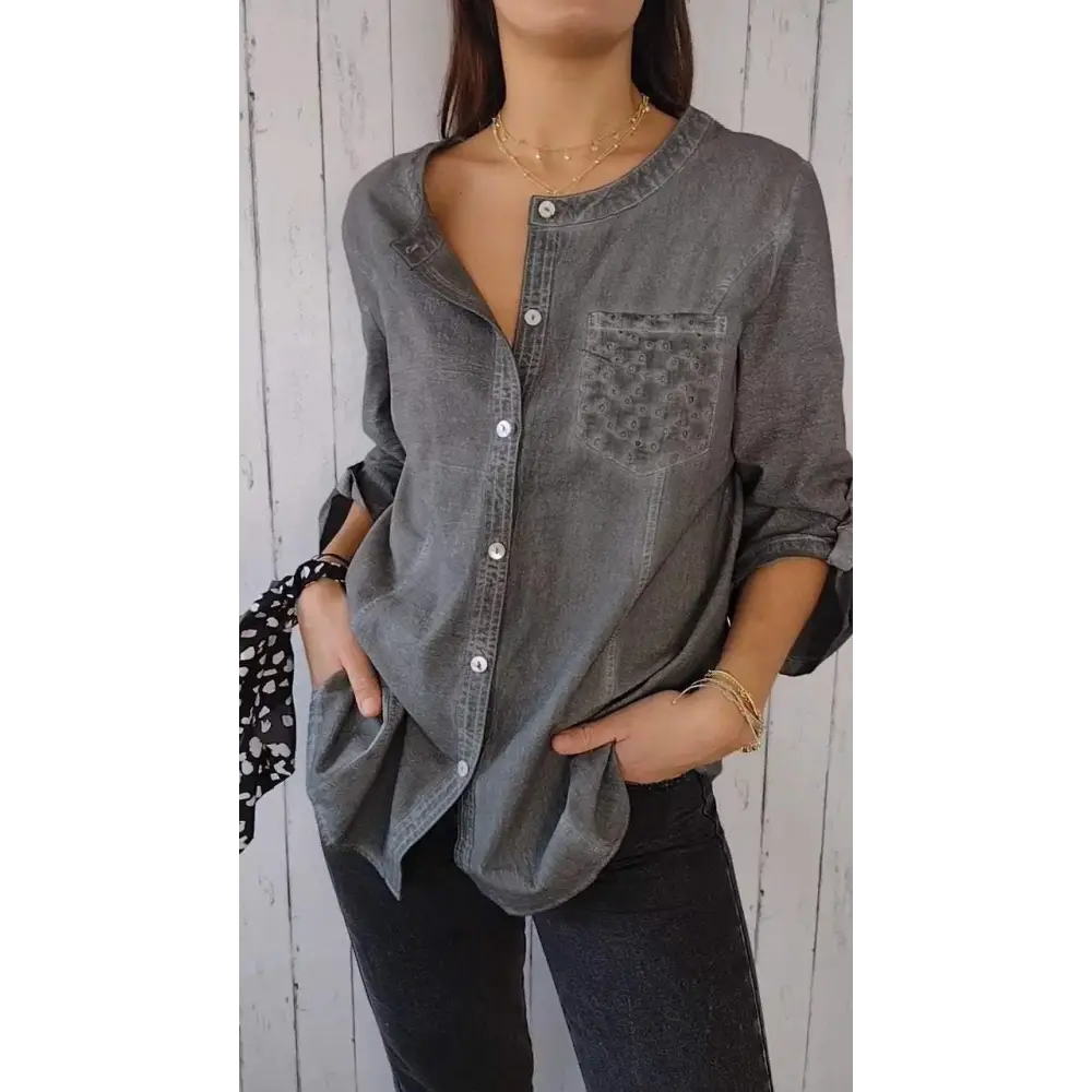 Camisa Casual de Algodão e Linho com Gola Redonda e Mangas 3/4